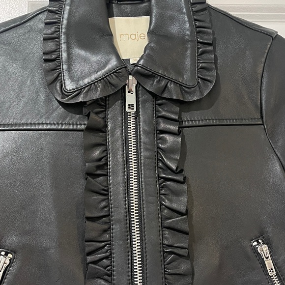 Maje Black Leather Ruffled Jacket - Picture 6 of 11